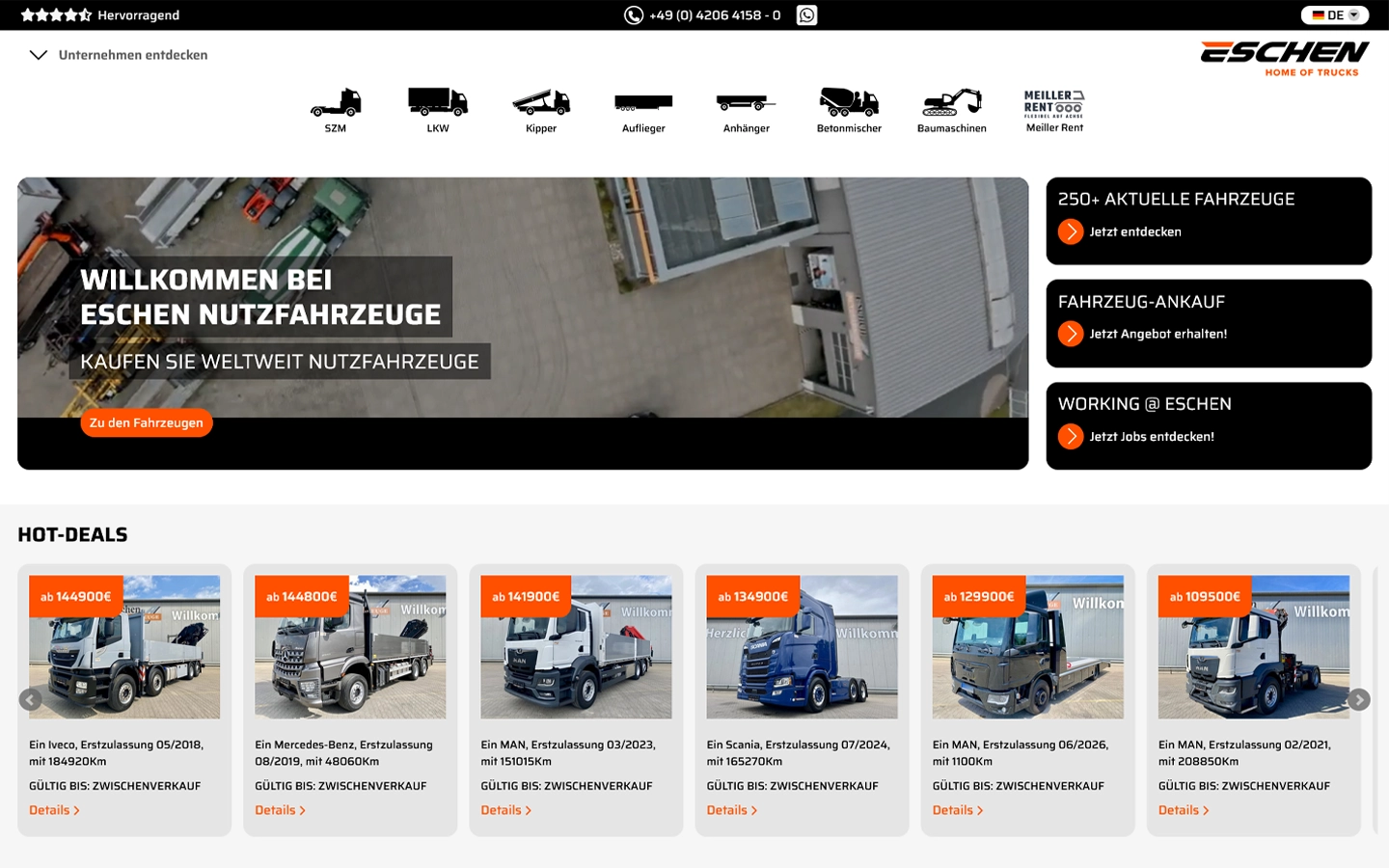 Startseite von eschen-nutzfahrzeuge.de mit Fahrzeugen aus dem etruck-Bestand